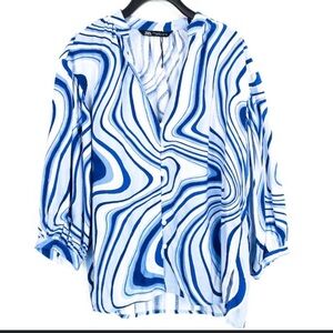 Zara linen/viscose blue white dramatic swirl full sleeve v-neck blouse Sz XS